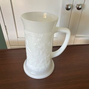Vintage TIARA Milk Glass Beer Mug or Stein w/ German Men Bar Scene Milkglass 6in